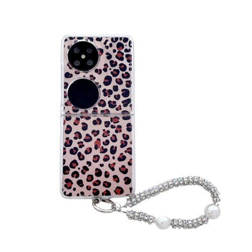 Funda para Teléfono Huawei Pocket 2 con Diseño de Leopardo y Plumas y Pulsera Integrada (Marrón)