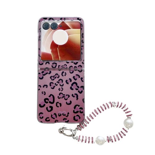 Funda para Teléfono Motorola Razr 50 con Diseño de Leopardo y Plumas y Pulsera Integrada (Morado)