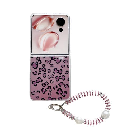 Funda para Teléfono Honor Magic V con Diseño Leopardo y Plumas, Tapa y Brazalete Integrado (Morado)