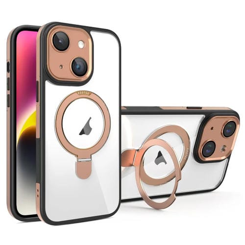 Funda Transparente con Soporte Magsafe para Lente Cobertura Total iPhone 14 (Negro y Dorado)