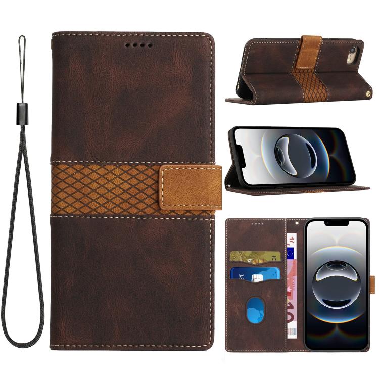 Funda de Cuero para iPhone 16E con Costuras de Cuadrícula y Cordón (Marrón)
