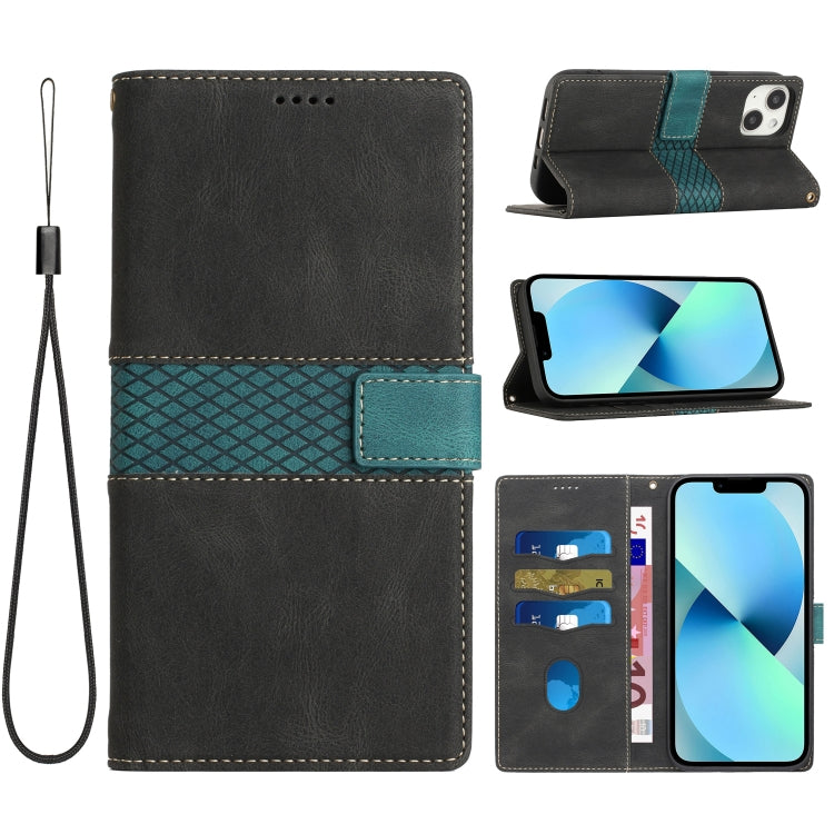 Funda de Cuero para iPhone 14 con Costuras de CuadrĂcula y CordĂłn (Negro)