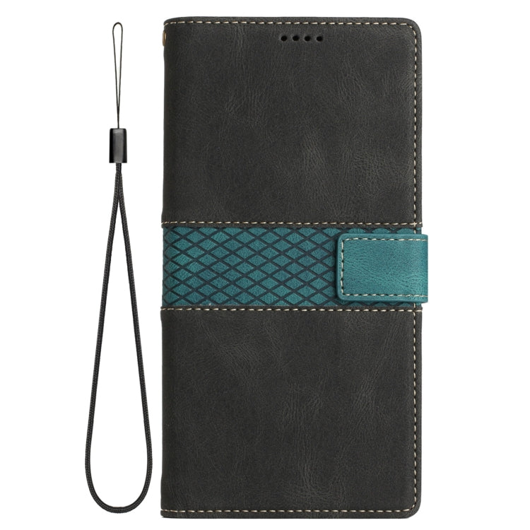 Funda de Cuero para iPhone 14 con Costuras de CuadrĂcula y CordĂłn (Negro)