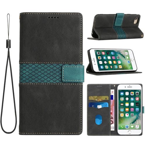 Funda de Cuero para iPhone Se 2022/2020 con Costuras de Cuadrícula y Cordón (Negro)