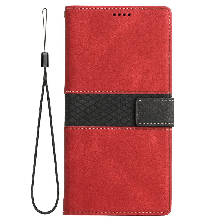 Funda de Cuero para iPhone 13 Pro con Costuras en Cuadrícula y Cordón (Rojo)
