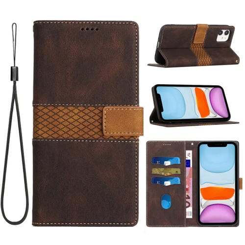 Funda de Cuero para iPhone 11 con Costuras en Cuadrícula y Cordón (Marrón)