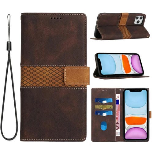 Funda de Cuero para iPhone 11 Pro con Costuras en Cuadrícula y Cordón (Marrón)