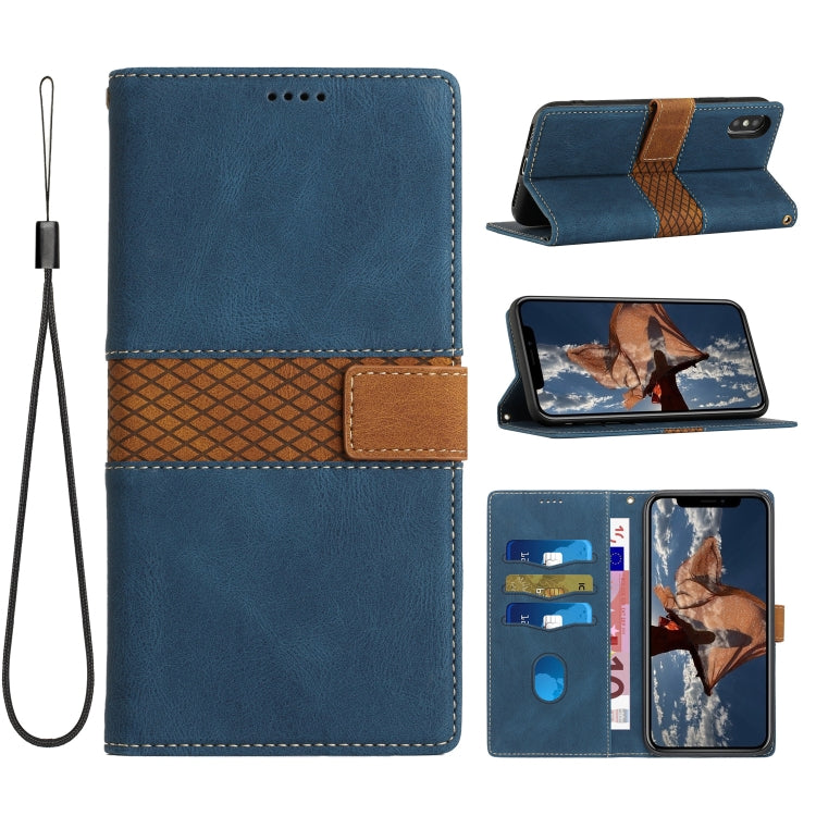 Funda de Cuero para iPhone Xs Max con Costuras en Cuadrícula y Cordón (Azul)