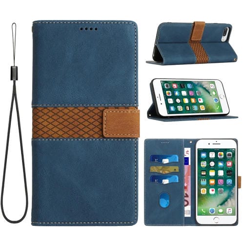 Funda de Cuero para iPhone 8 Plus/7 Plus con Costuras en Cuadrícula y Cordón (Azul)