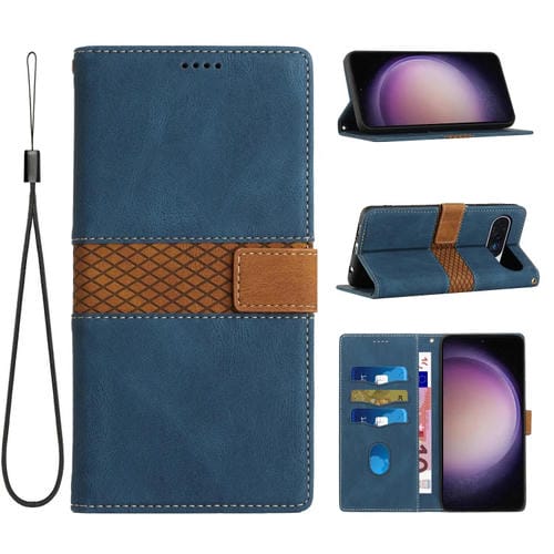 Funda de Cuero con Costuras en Cuadrícula para Google Pixel 9 Pro XL con Cordón (Azul)