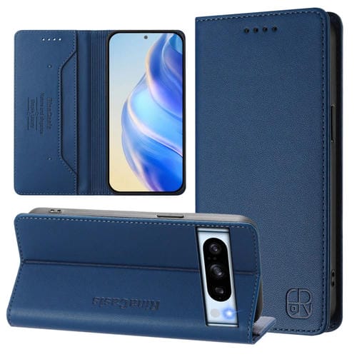 Funda de Cuero con Doble Pliegue y Succión Magnética Rfid para Google Pixel 8 Pro Rc01 (Azul Oscuro)