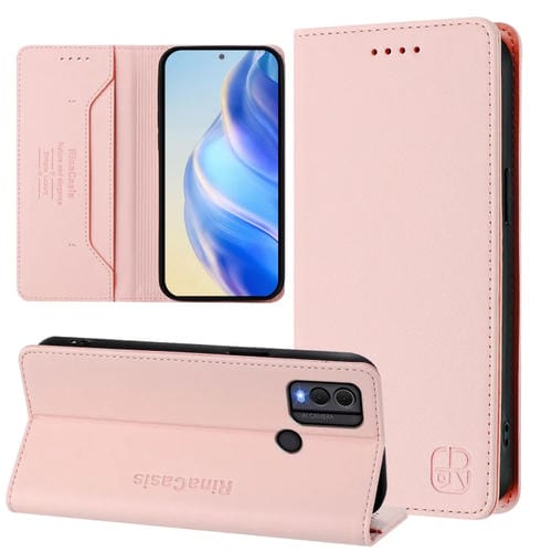 Funda de Cuero Rfid con Doble Pliegue y Succión Magnética para Nokia C22 Rc01 (Rosa)