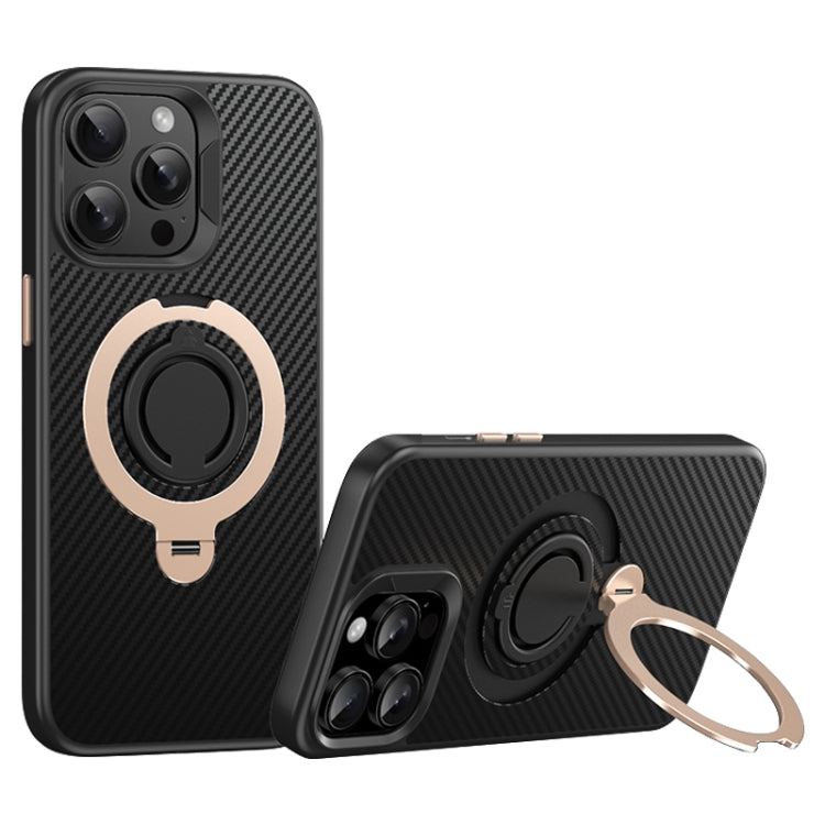Funda de Teléfono Magsafe Fibra de Carbono iPhone 14 Pro Max Soporte Giratorio 360 (Oro Negro)