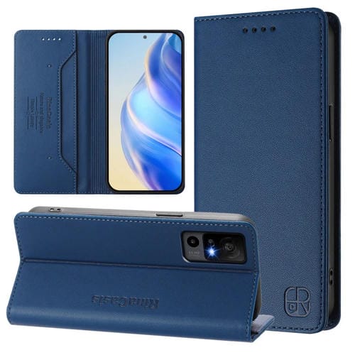 Funda de Cuero con Doble Pliegue y Succión Magnética RFID para TCL 40 R 5G Rc01 (Azul Oscuro)