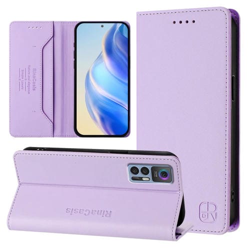 Funda de Cuero Rfid para TCL 30 4G 5G 30+ Rc01 con Succión Magnética y Doble Pliegue (Morado Claro)