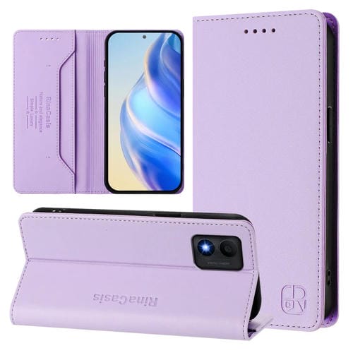 Funda de Cuero Rfid para TCL 303 Rc01 con Succión Magnética y Doble Pliegue (Morado Claro)