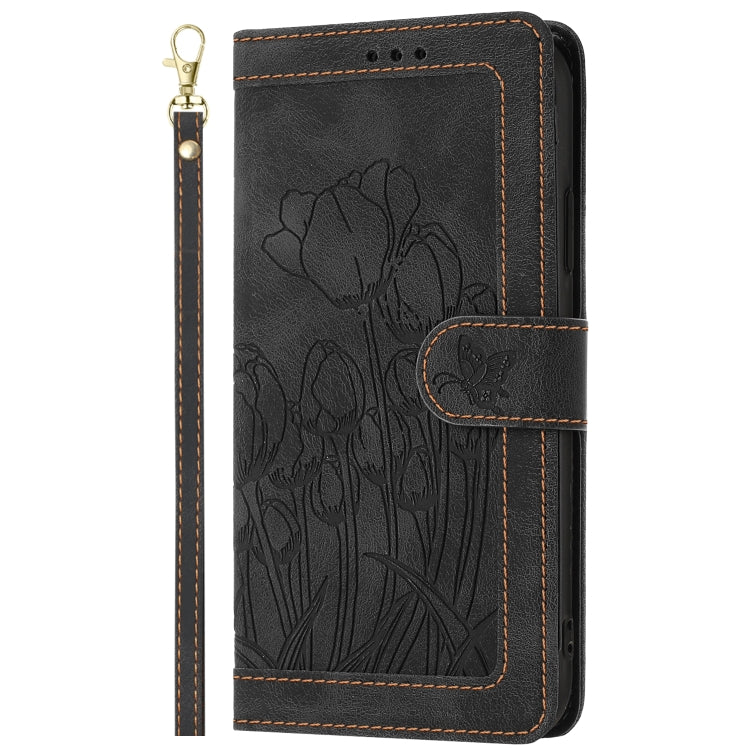 Funda de Piel con Relieve de Tulipanes para iPhone 12 Mini con Cordón (Negro)