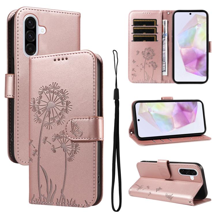 Funda de cuero con tapa y diseño de diente de león en relieve para Samsung Galaxy A56 5G (oro rosa)