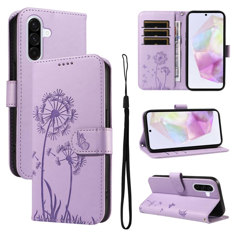 Funda de cuero con tapa y estampado de diente de león en relieve para Samsung Galaxy A56 5G (morado)