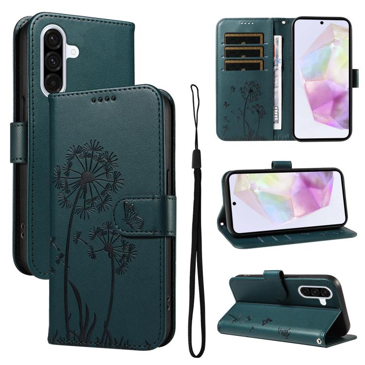 Funda de cuero con tapa y diseño de diente de león en relieve para Samsung Galaxy A56 5G (azul)