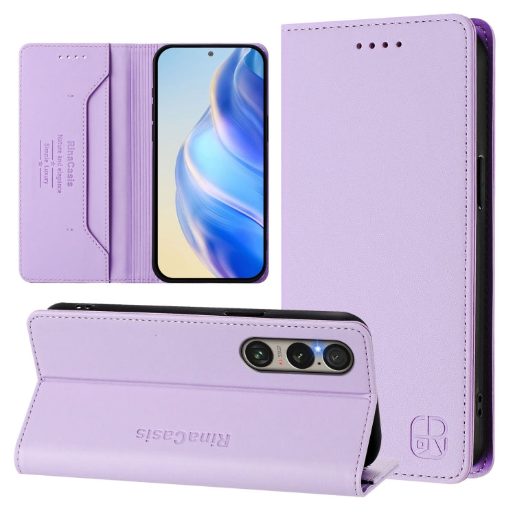 Funda de Cuero con Doble Pliegue y Succión Magnética Rfid para Sony Xperia 1 Vi (2024) (Morado Claro)