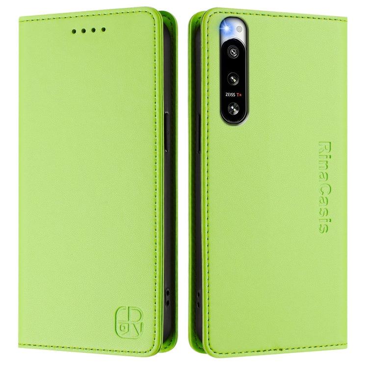 Funda de Cuero para Sony Xperia 5 IV RC01 con Doble Pliegue y Succión Magnética RFID (Verde Hierba)