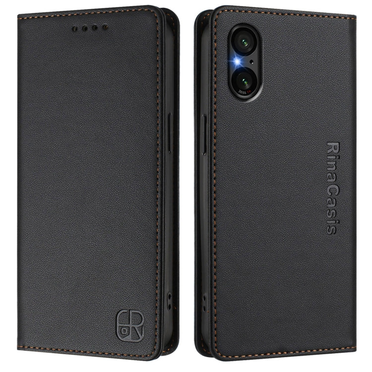 Funda de Cuero para Sony Xperia 5 V Rc01 con Doble Pliegue y Succión Magnética Rfid (Negra)