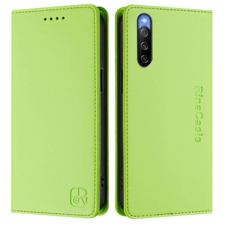 Funda de Cuero para Sony Xperia 10 IV RC01 con Doble Pliegue y Succión Magnética RFID (Verde)