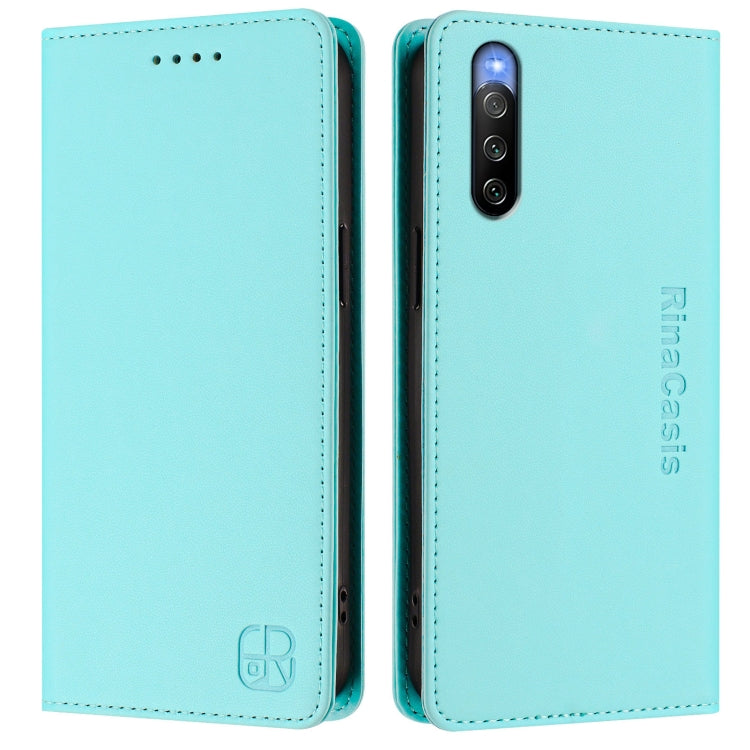 Funda de Cuero para Sony Xperia 10 V 2023 Rc01 con Doble Pliegue y Succión Magnética Rfid (Verde Menta)