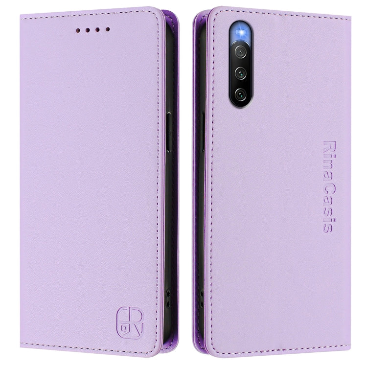 Funda de Cuero con Doble Pliegue y Succión Magnética RFID para Sony Xperia 10 V (2023) (Morado Claro)