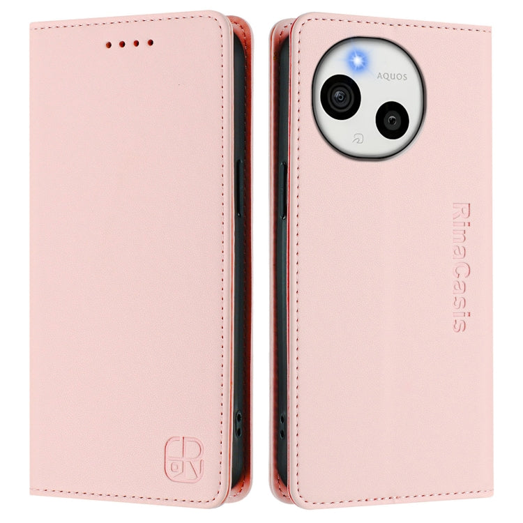 Funda de Cuero para Sharp Aquos Sense9 Plus Rc01 con Doble Pliegue y Succión Magnética Rfid (Rosa)