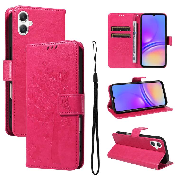 Funda de cuero con tapa y estampado de árbol y gato para Samsung Galaxy A07 5G (rosa)