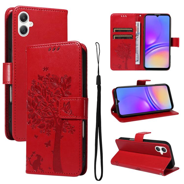 Funda de cuero con tapa y estampado de árbol y gato para Samsung Galaxy A07 5G (roja)