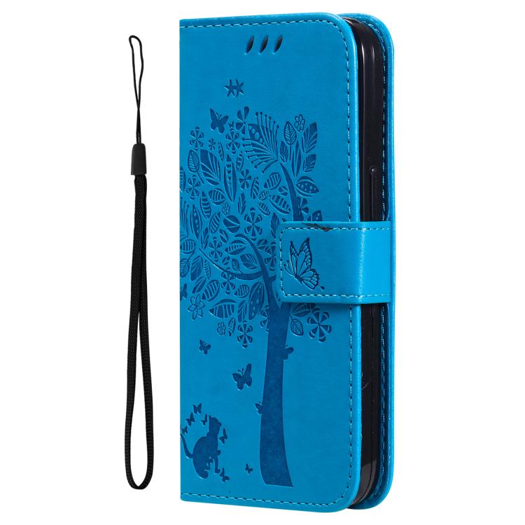 Funda de cuero con tapa y estampado de árbol y gato para Samsung Galaxy A36 5G / M56 5G (azul)