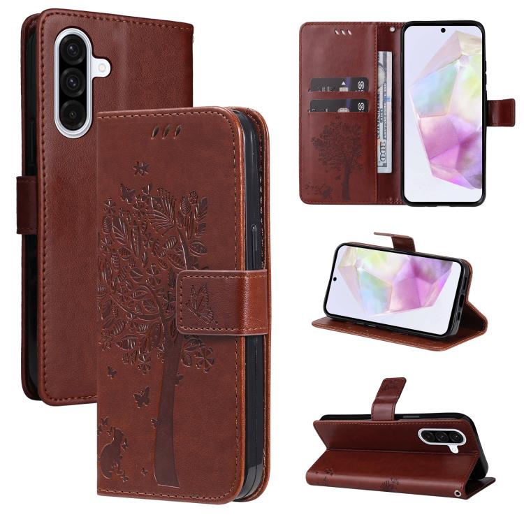 Funda de cuero con tapa y estampado de árbol y gato para Samsung Galaxy A36 5G / M56 5G (café)