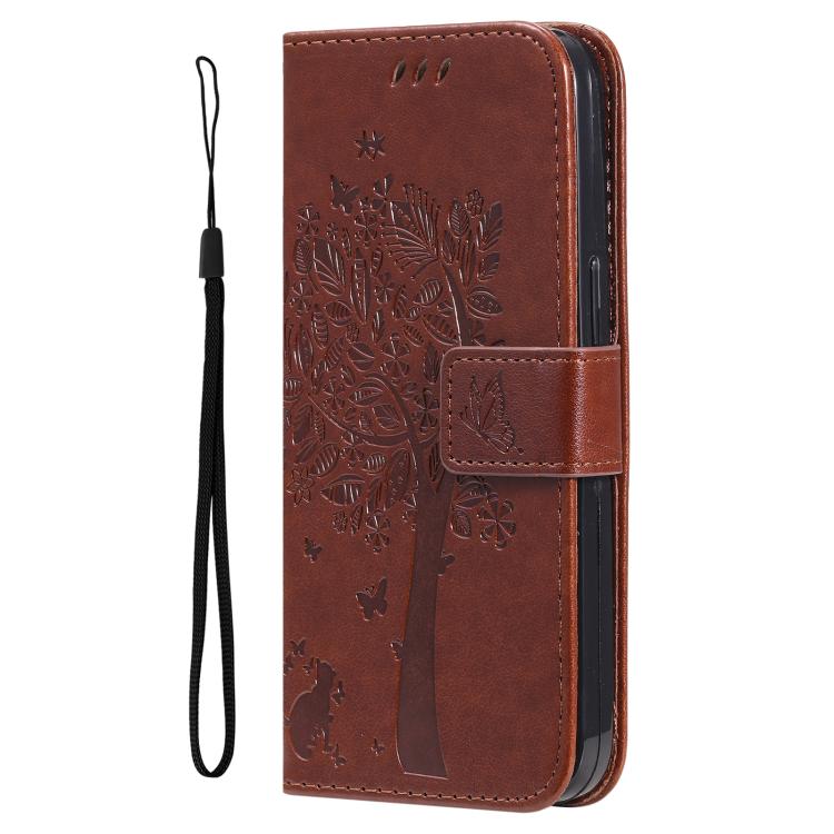 Funda de cuero con tapa y estampado de árbol y gato para Samsung Galaxy A36 5G / M56 5G (café)