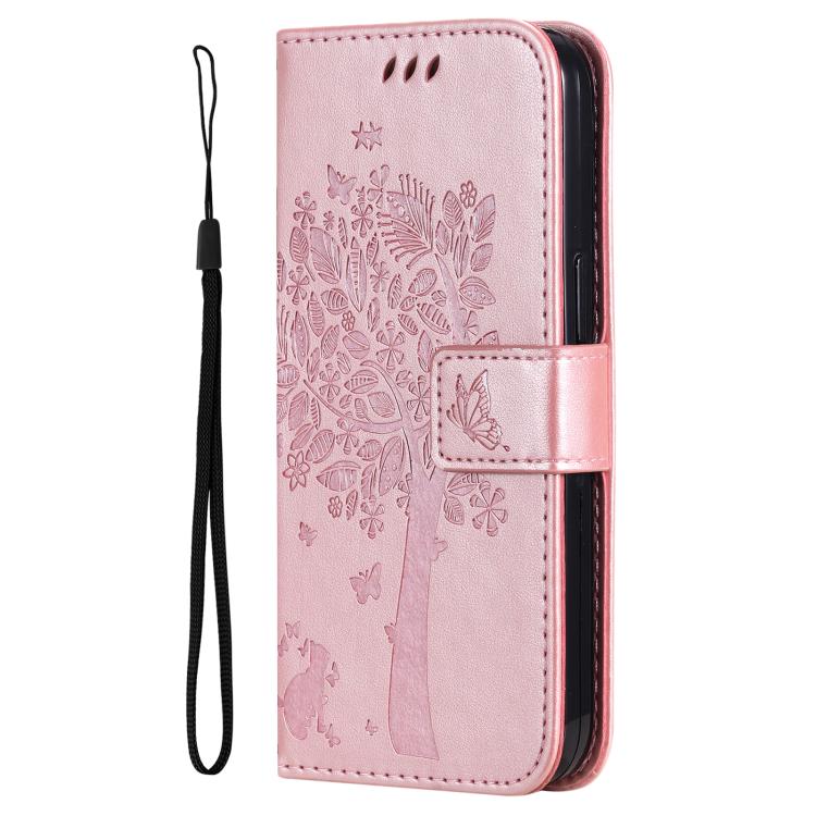 Funda de cuero con tapa y estampado de árbol y gato para Samsung Galaxy A36 5G / M56 5G (oro rosa)