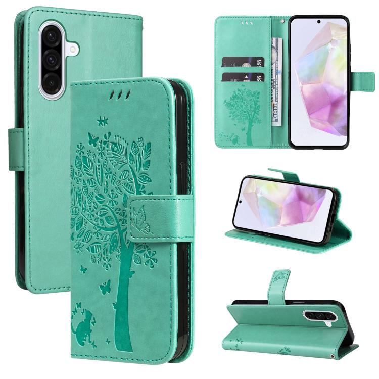 Funda de cuero con tapa y diseño de árbol y gato en relieve para Samsung Galaxy A56 5G (verde)
