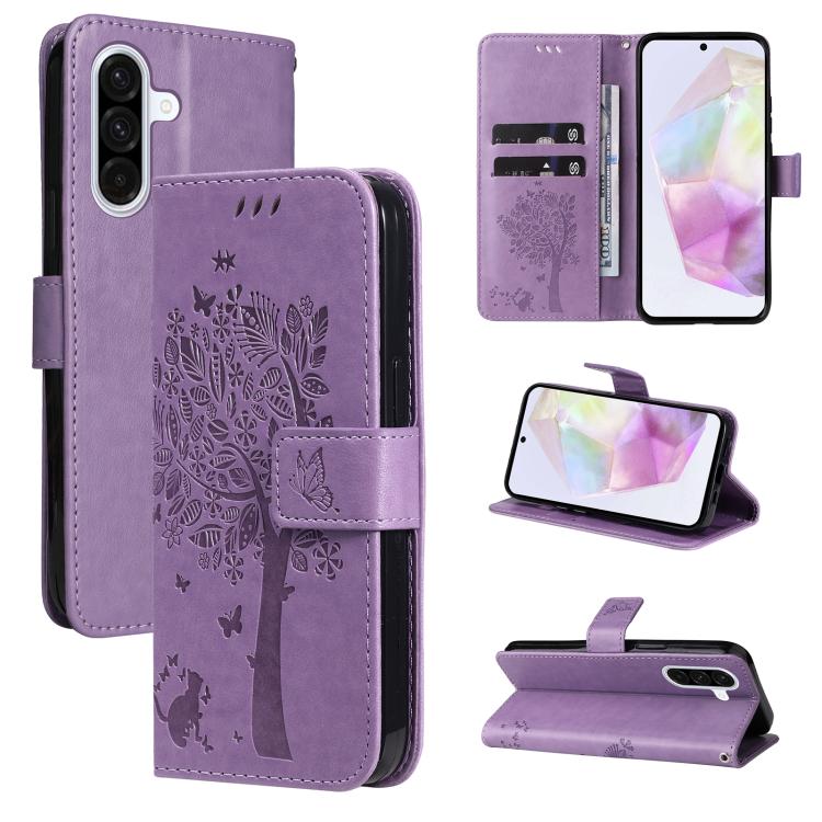 Funda de cuero con tapa y diseño de árbol y gato en relieve para Samsung Galaxy A56 5G (morado claro)