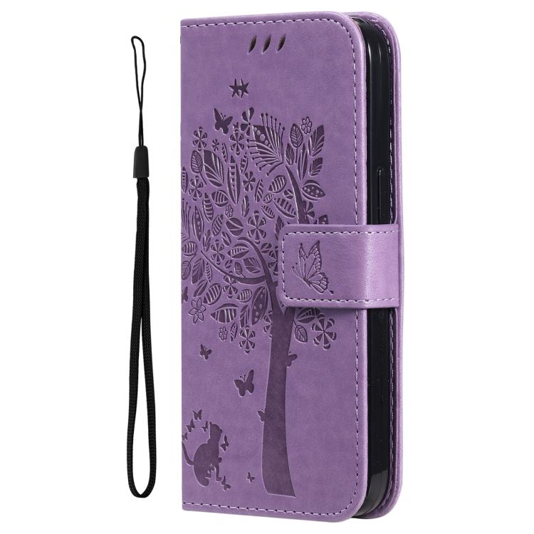 Funda de cuero con tapa y diseño de árbol y gato en relieve para Samsung Galaxy A56 5G (morado claro)