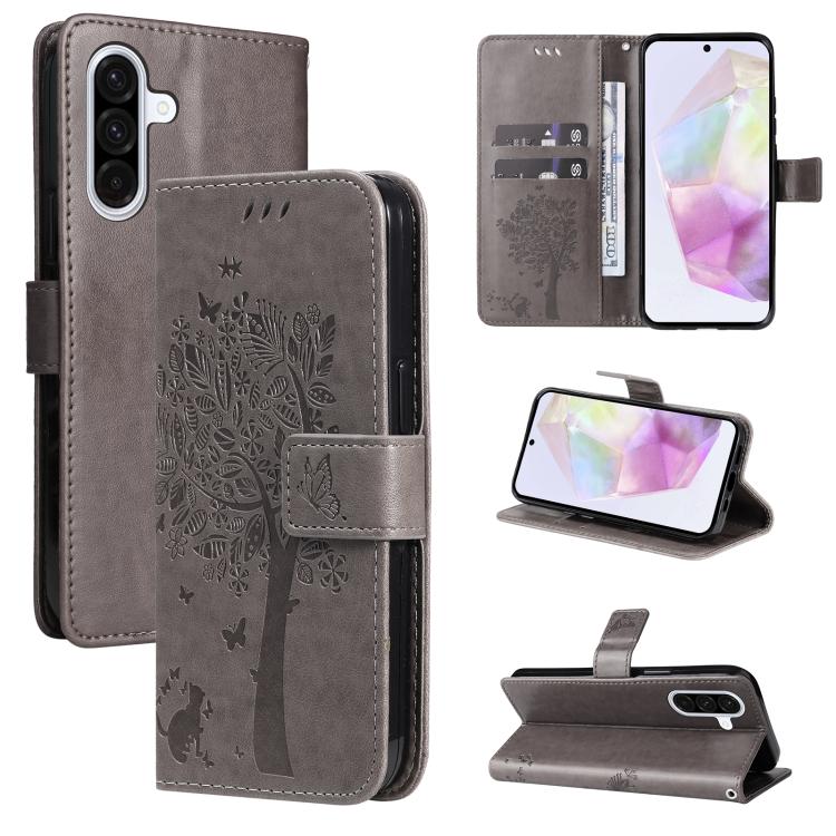 Funda de cuero con tapa y estampado de árbol y gato para Samsung Galaxy A56 5G (gris)