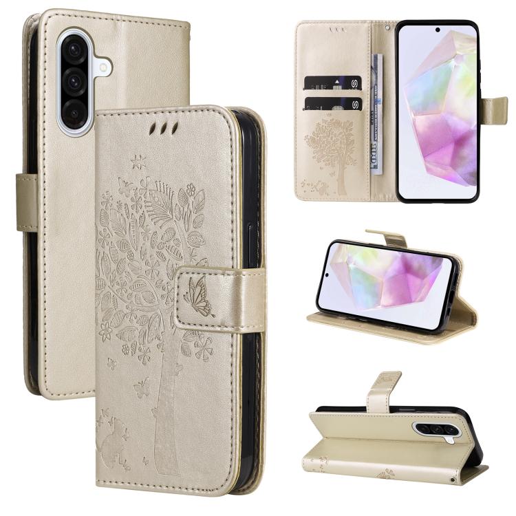 Funda de cuero con tapa y estampado de árbol y gato para Samsung Galaxy A56 5G (dorada)