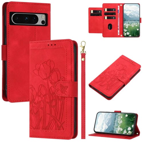 Funda de Cuero con Relieve de Tulipanes para Google Pixel 8 Pro con Cordón (Rojo)