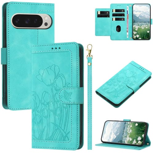 Funda de Cuero con Relieve de Tulipanes para Google Pixel 9 Pro XL con Cordón (Verde)