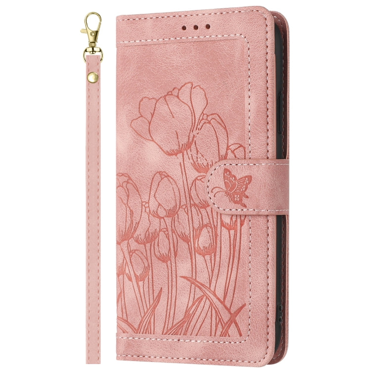 Funda de Cuero con Relieve de Tulipanes para Sony Xperia 10 V con Cordón (Rosa)