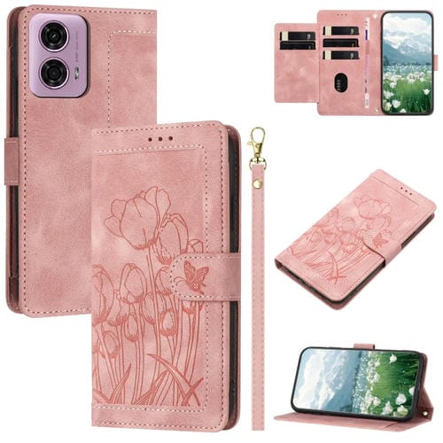 Funda de Cuero con Relieve de Tulipanes para Motorola Edge 50 Fusion con Cordón (Rosa)