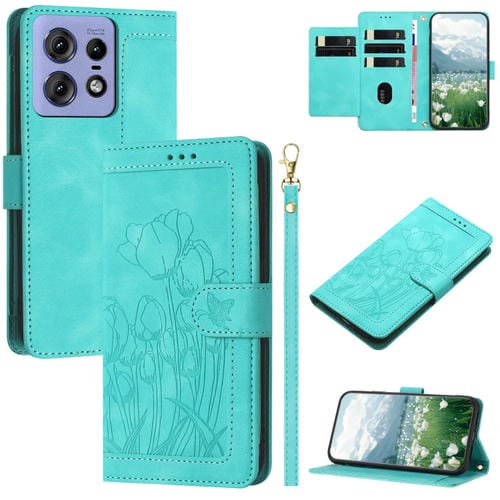 Funda de Cuero con Relieve de Tulipanes para Motorola Edge 50 Pro con Cordón (Verde)