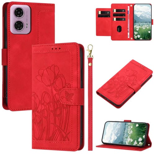 Funda de Piel con Relieve de Tulipanes para Motorola Moto G 5G (2024) con Cordón (Rojo)