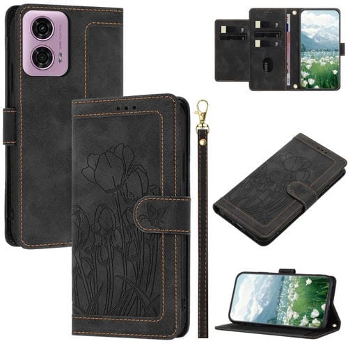 Funda de Cuero con Relieve de Tulipanes para Motorola Moto G Power 5G (2024) con Cordón (Negro)