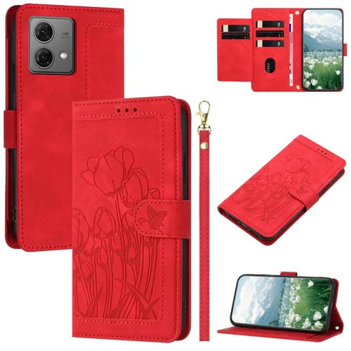 Funda de Cuero con Relieve de Tulipanes para Motorola Moto G84 con Cordón (Rojo)